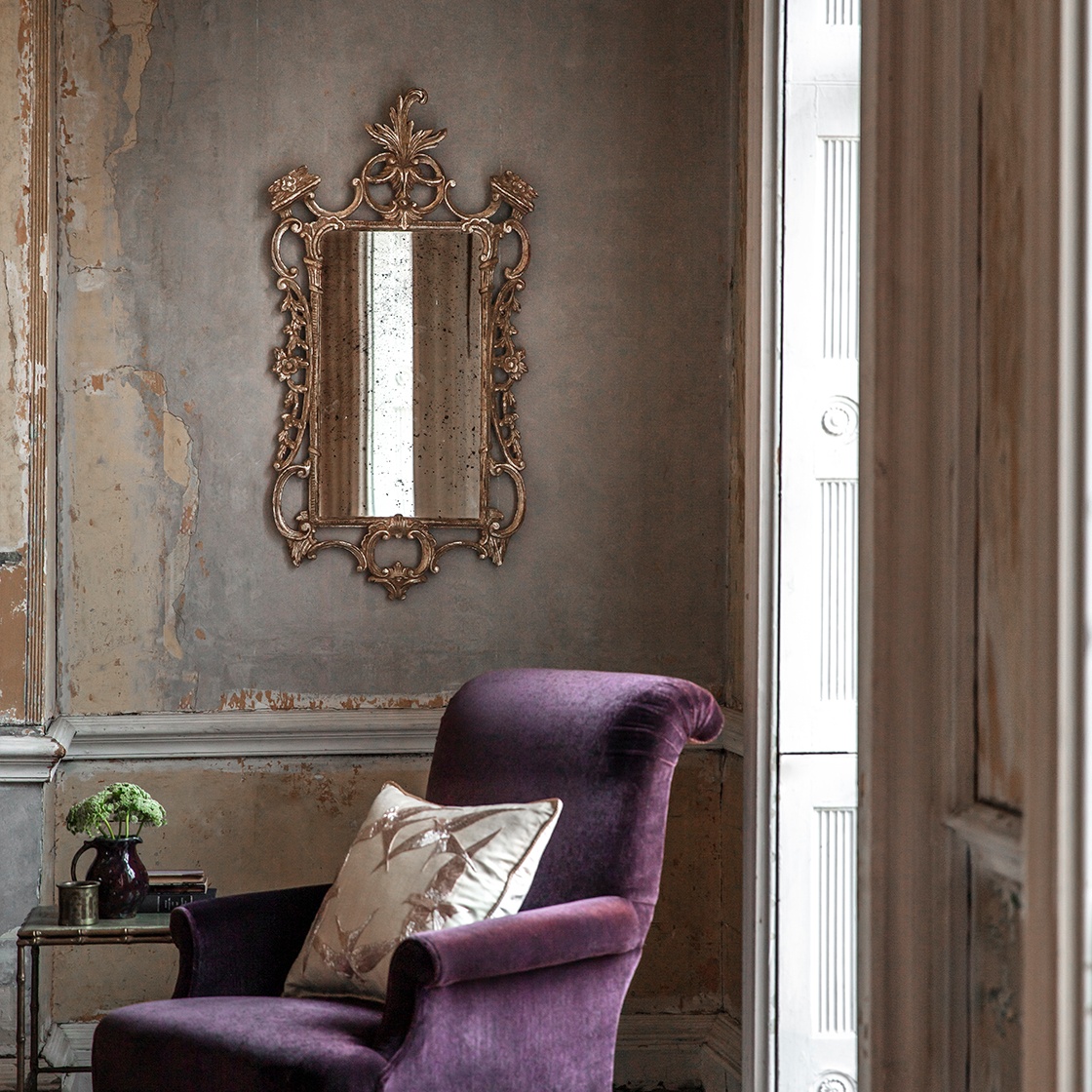Chippendale mirror in Burnt Gold with Palmerston chair and Elvira cushion - Beaumont & Fletcher