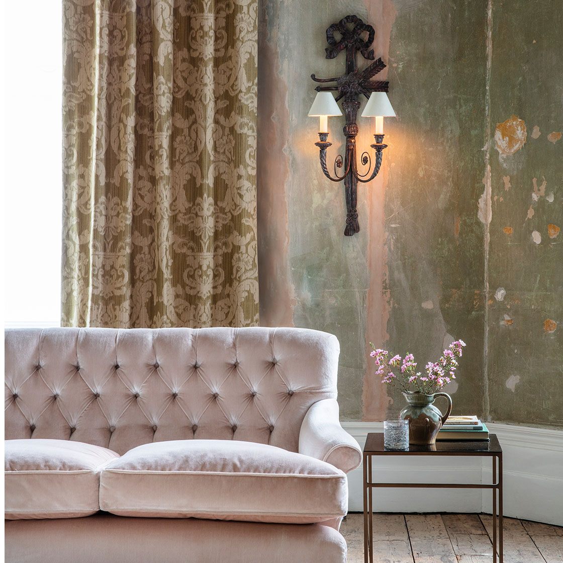 Minerva light in Oxidised real silver with Emily sofa and drapes in Wicklow - Gorse - Beaumont & Fletcher