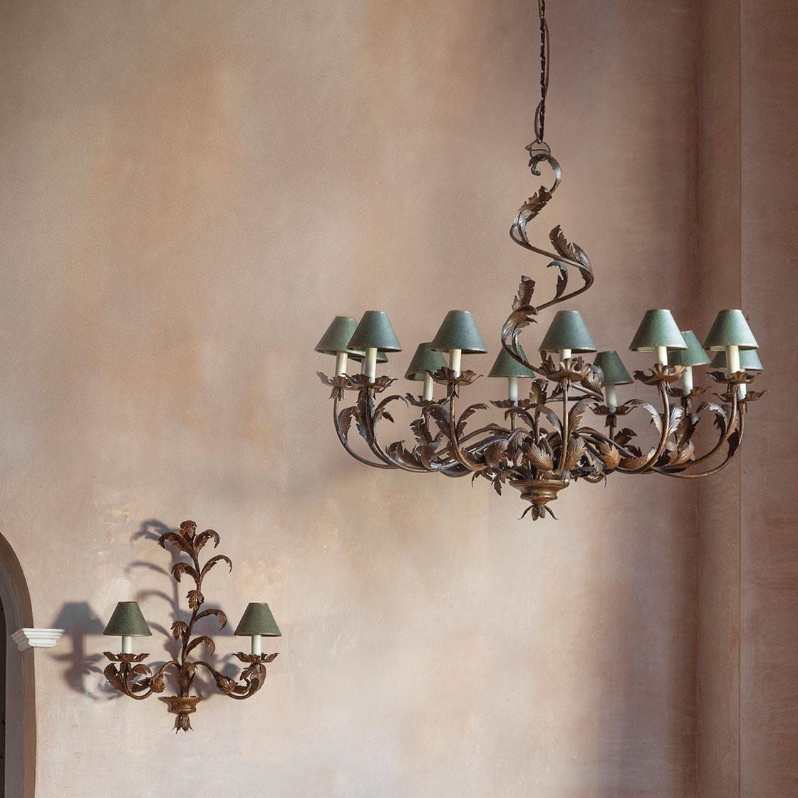 Borghese large 12 arm chandelier in Wrought iron with Spencer chair and Elvira cushion - Beaumont & Fletcher