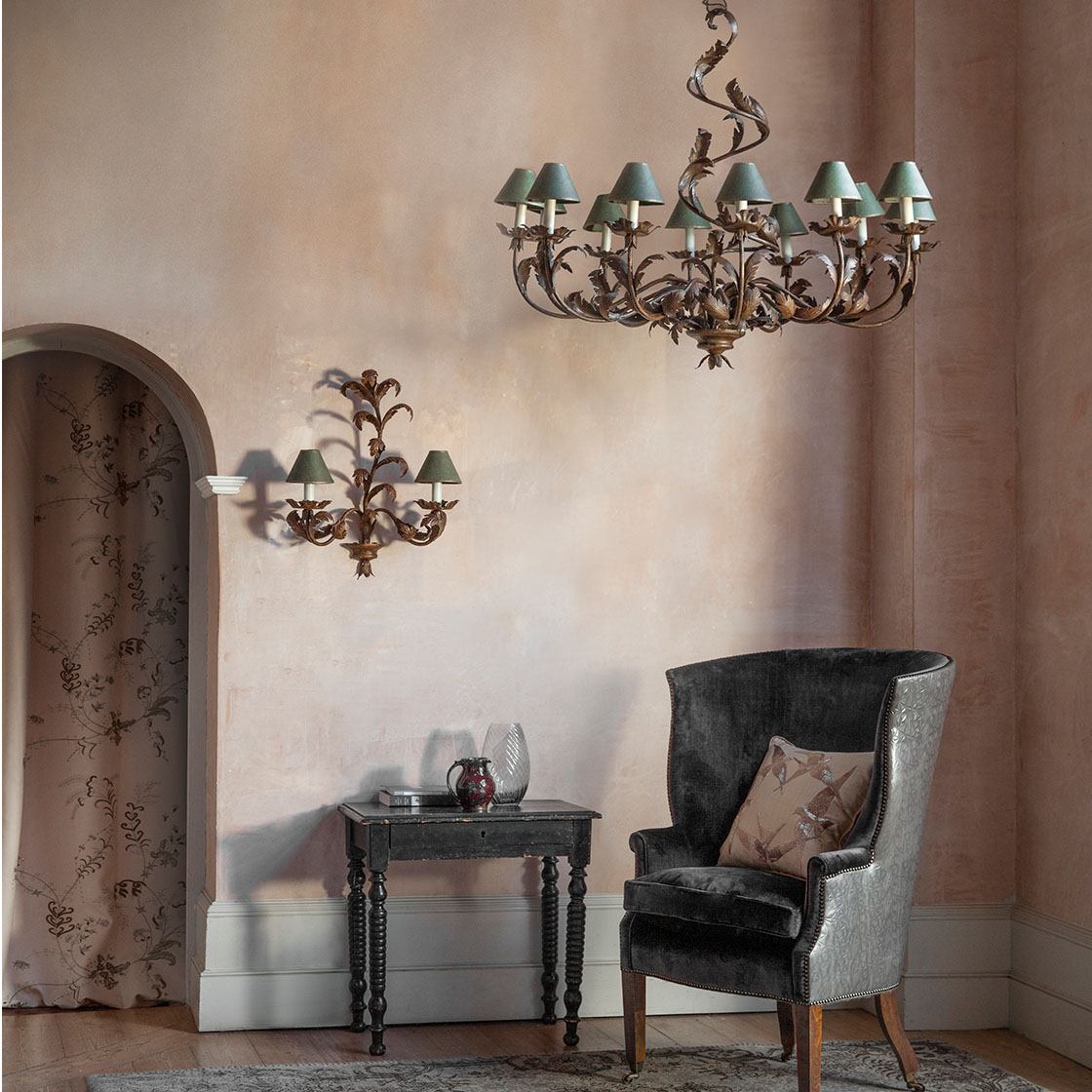 Borghese large 12 arm chandelier in Wrought iron with Spencer chair and Elvira cushion - Beaumont & Fletcher