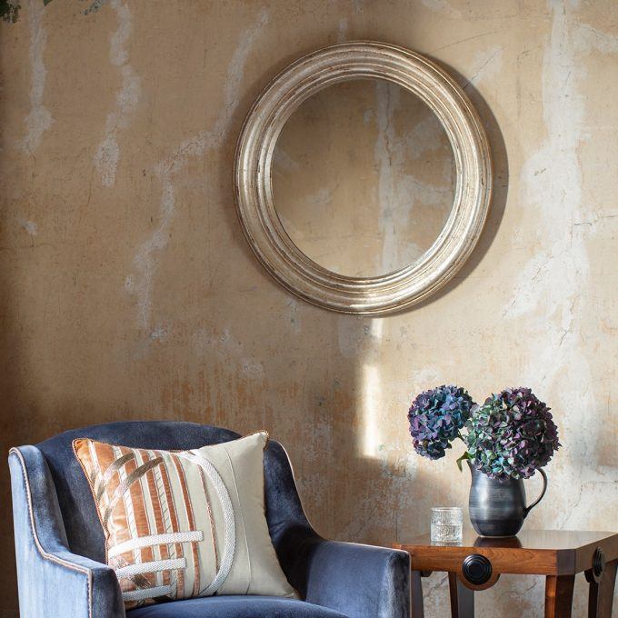 Orbis mirror in Distressed silver with Edgar chair and Audrey cushion and Duke side table