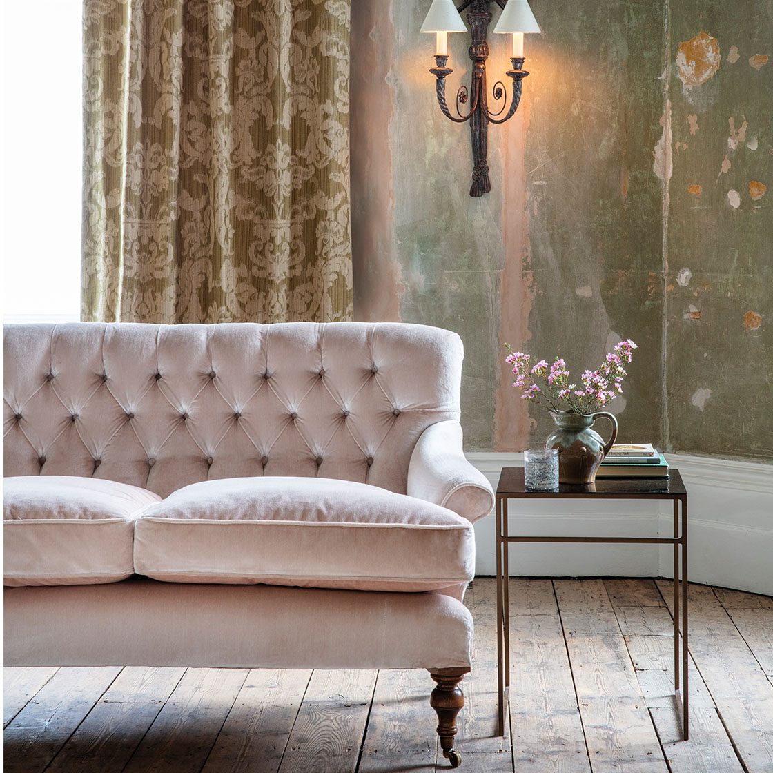 Emily 2 seater sofa in Capri silk velvet - Blush with Minerve wall light - Beaumont & Fletcher