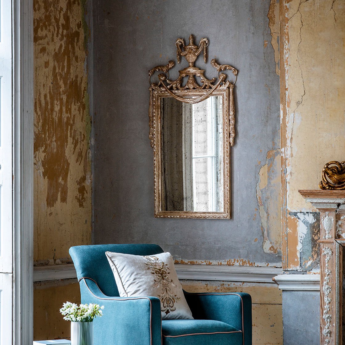 Adam mirror in Distressed silver with Compton chair and Zola cushion - Beaumont & Fletcher