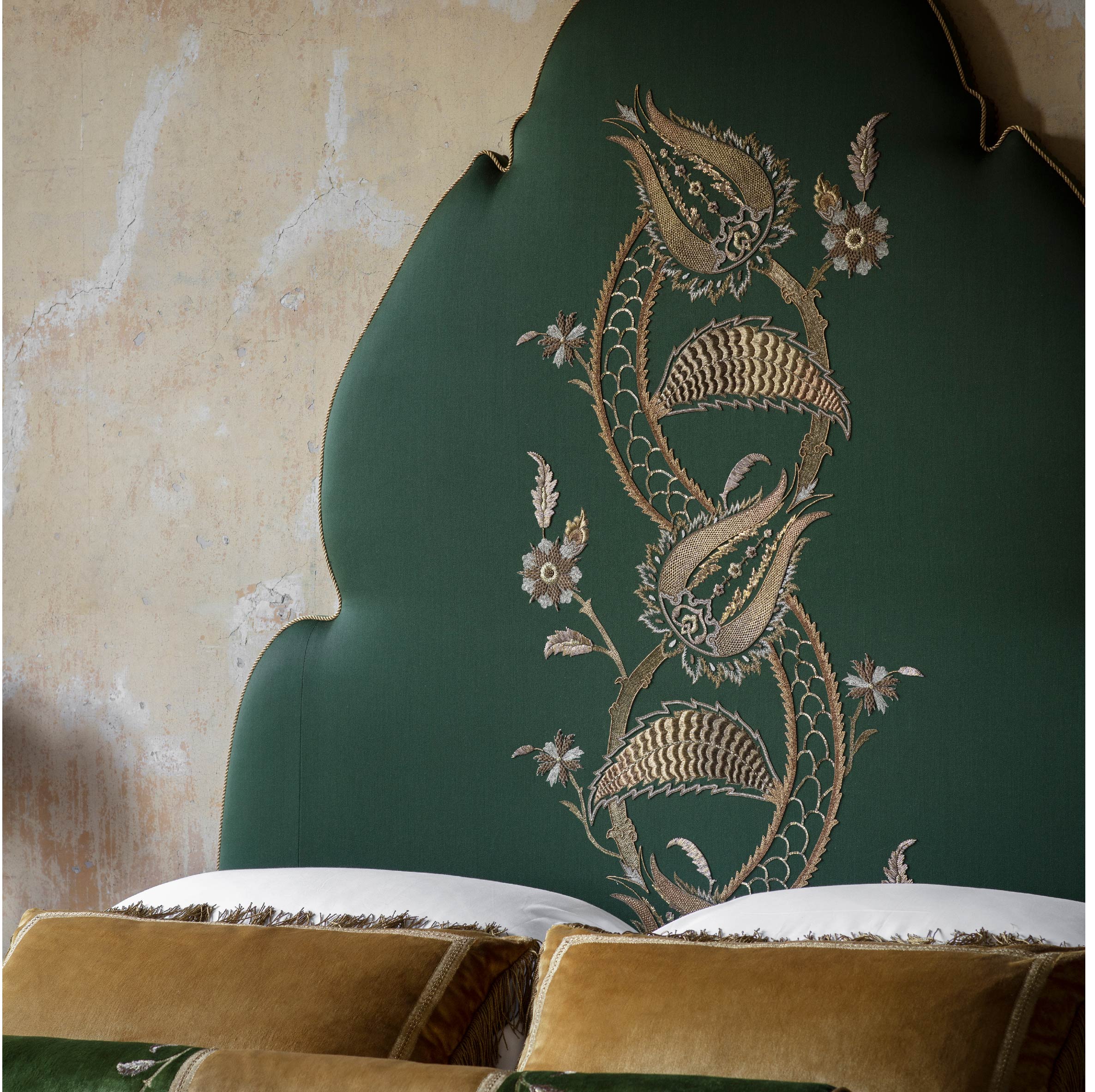 Topkapi headboard in Eriskay wool - Verde with Salome embroidery with bespoke cushions - Beaumont & Fletcher