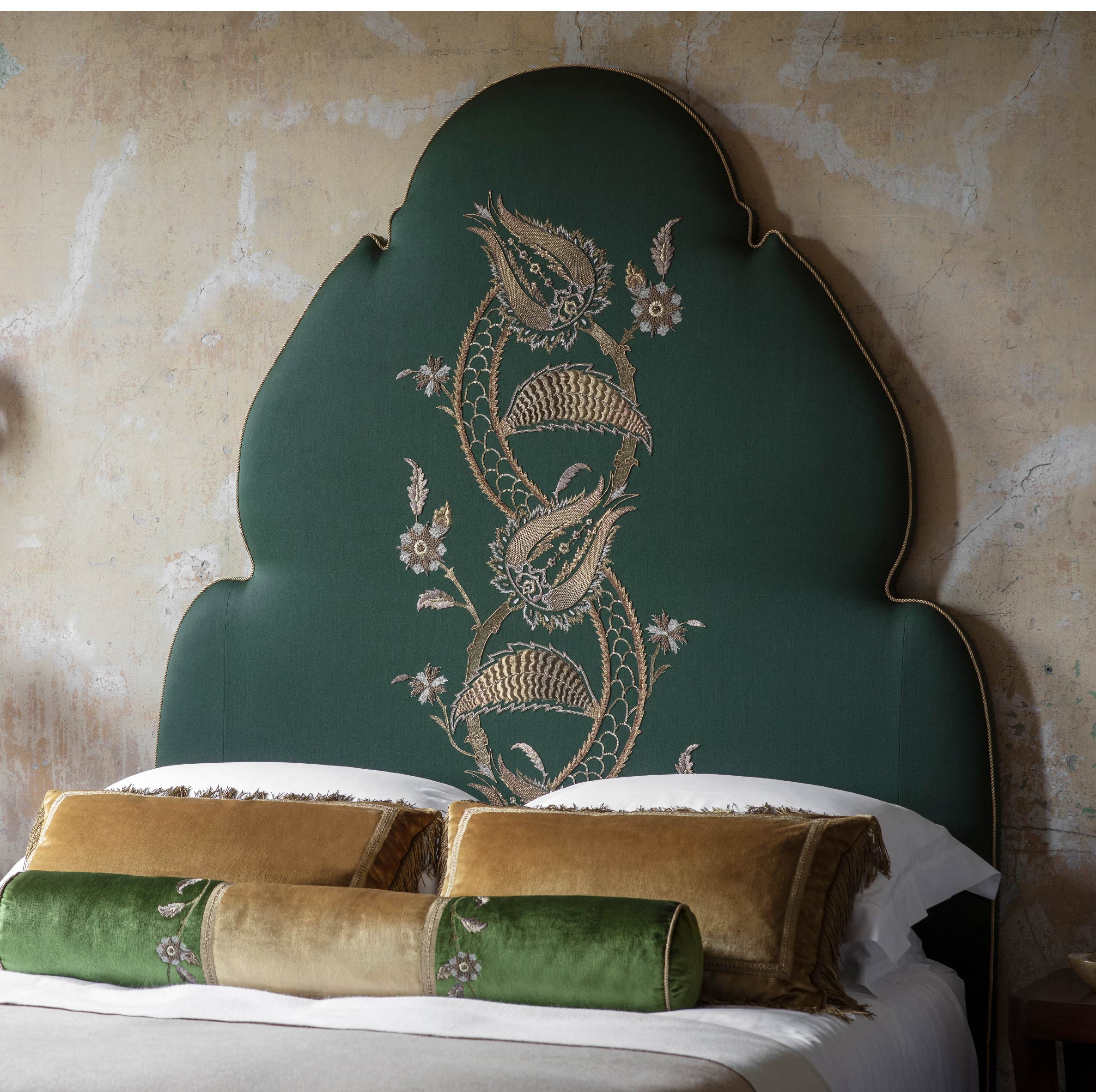 Topkapi headboard in Eriskay wool - Verde with Salome embroidery with bespoke cushions - Beaumont & Fletcher