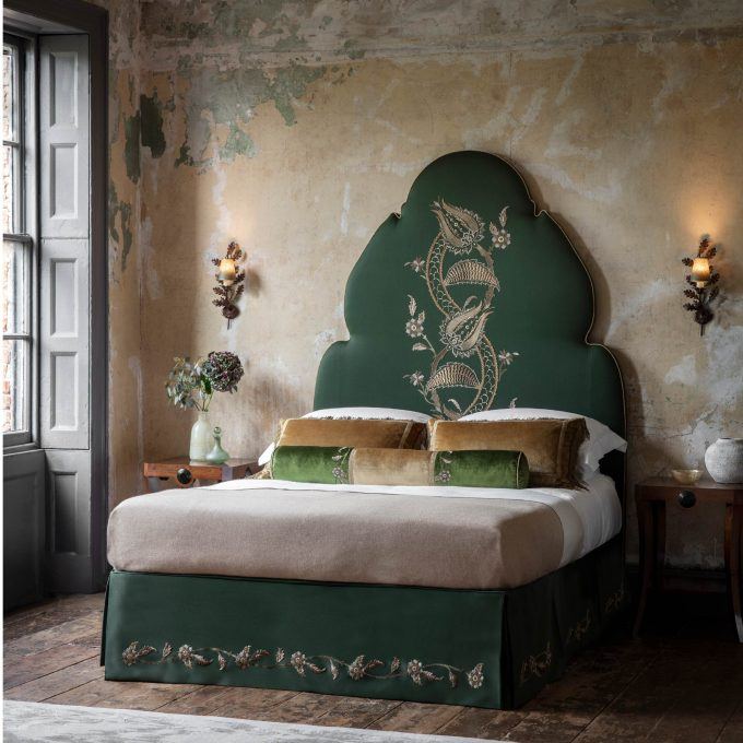 Topkapi headboard in Eriskay wool - Verde with Salome embroidery, bespoke cushions and Woodbury wall light