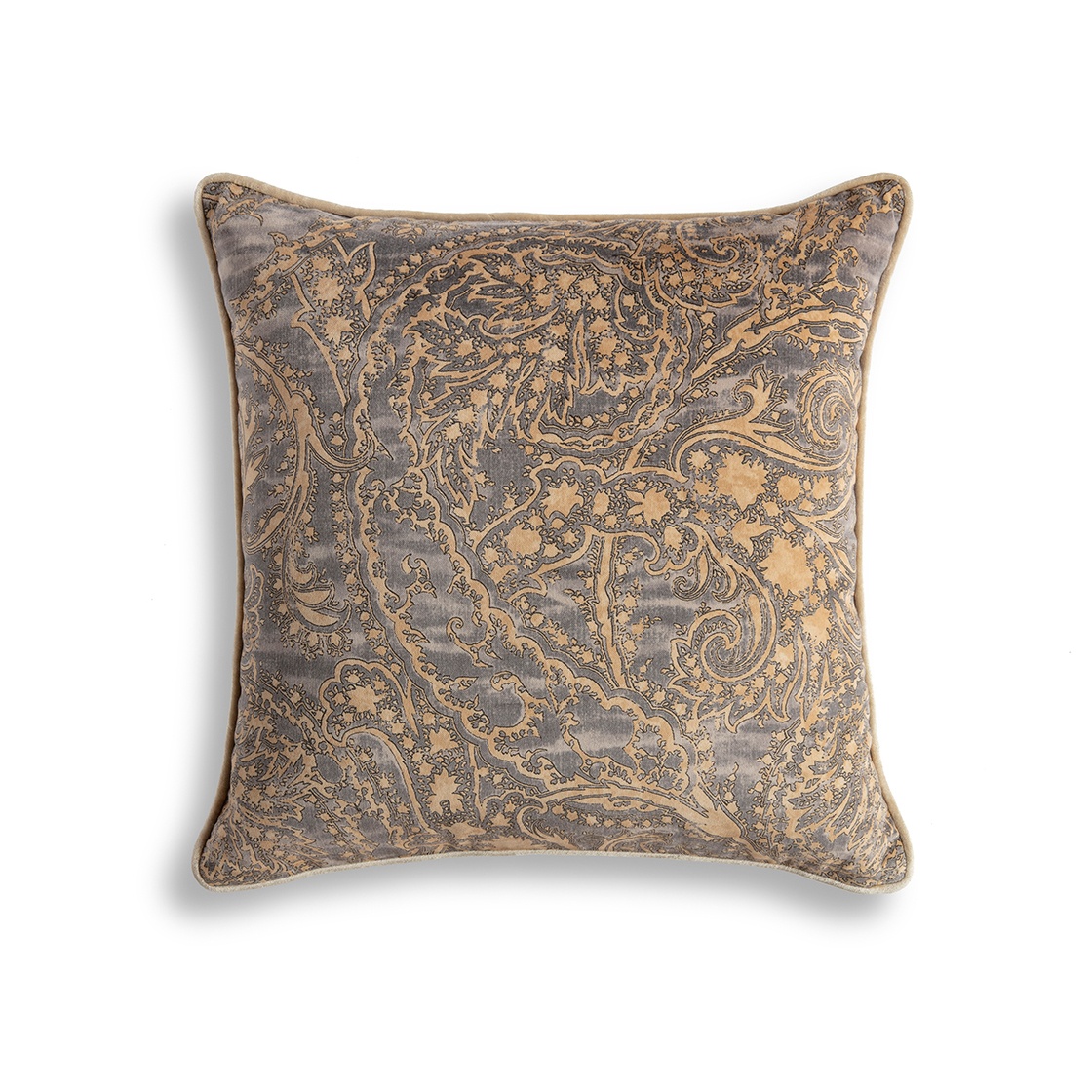 Balthazar cushion - Dusk with a Capri silk velvet back - Charcoal and piping in Stone - Beaumont & Fletcher