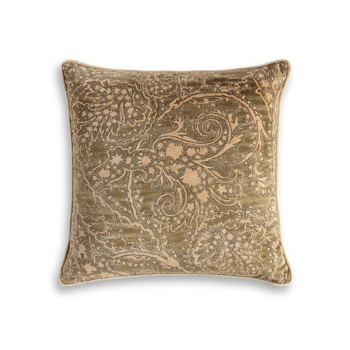 Balthazar cushion - Laurel backed in Como silk velvet - Fern with Capri silk velvet - Stone piping - Beaumont & Fletcher