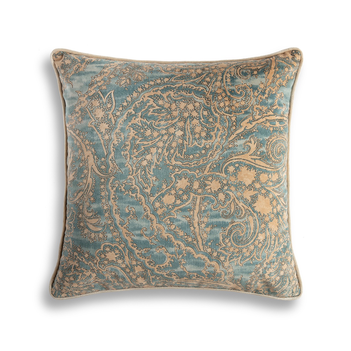 Balthazar cushion - Azure with a Como silk velvet back - Teal and Capri silk velvet piping - Stone - Beaumont & Fletcher