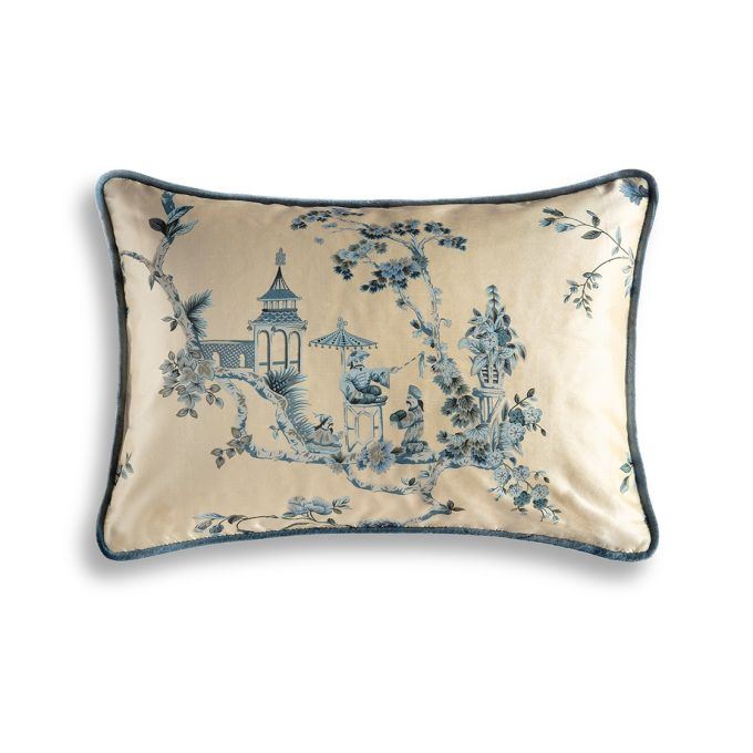 Cathay cushion - Ming blue backed and piped in Capri silk velvet - Nankin