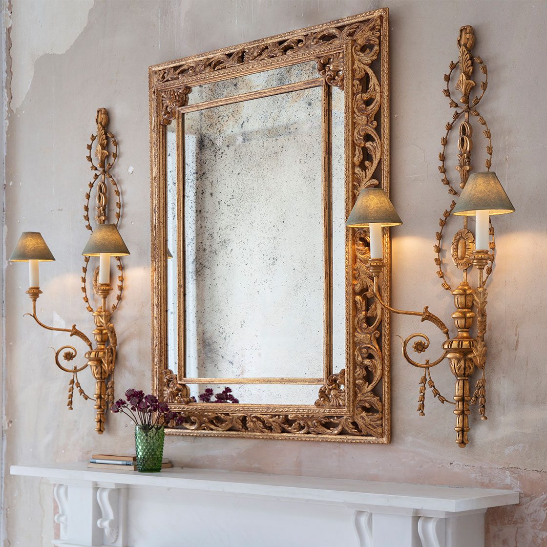 Buckingham mirror in Distressed gold with Adam light - Beaumont & Fletcher