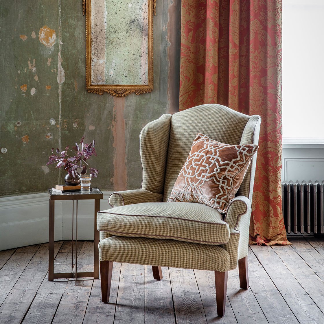 Clubwing chair in Argyll check - Lichen with Windsor mirror - Beaumont & Fletcher
