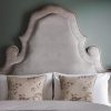 Alhambra headboard in Capri silk velvet - Argent with Moliere cushion in Eriskay - Cloud - Beaumont & Fletcher