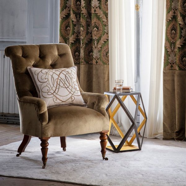 Anastasia cushion in Eriskay wool - Cloud with Waterford chair and curtains with Rossini embroidery