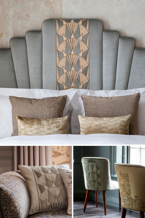 An image with three different pictures showing hand embroidery on a headboard, chair and cushion