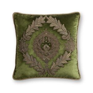 An ornate hand embroidered green silk velvet cushion